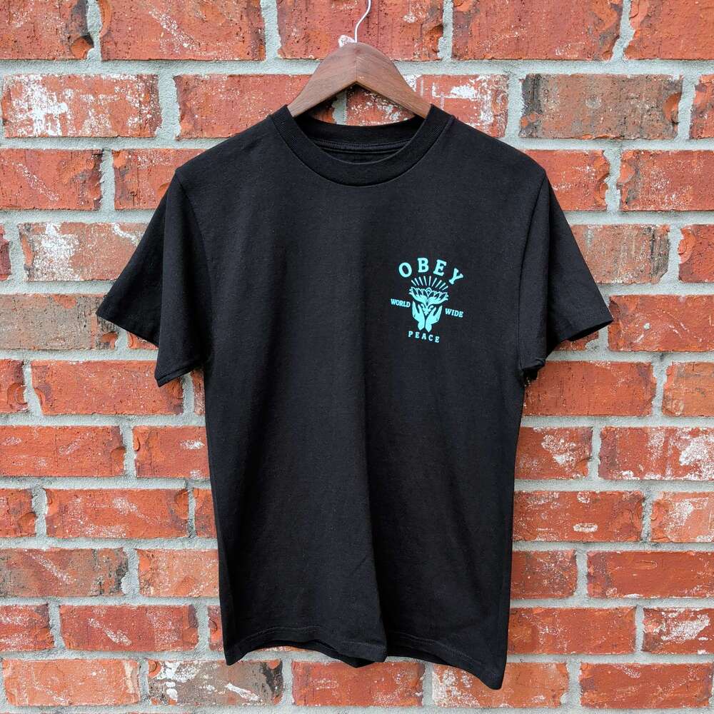 Obey Worldwide Peace T-Shirt Mens S Black Graphic Tee Lotus Logo